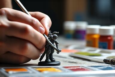Manos pintando una miniatura de fantasía pequeña con pincel fino y pinturas acrílicas.