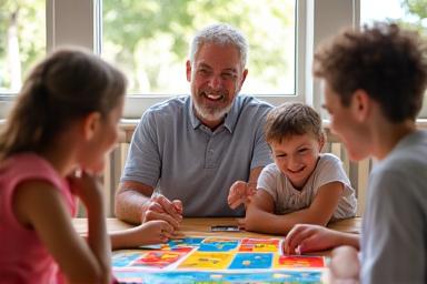 Familia riendo y disfrutando de un juego de mesa colorido en una mesa de comedor.
