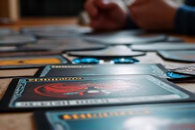 Cartas de juego de estrategia sobre una mesa con dados y contadores de vida.