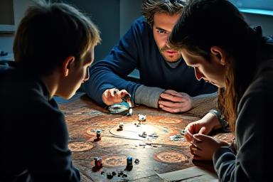 Grupo de personas resolviendo un misterio en un juego de mesa, con lupa y notas.