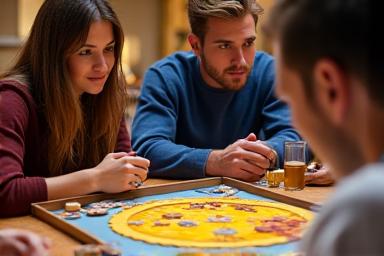 Personas jugando Catan con un mapa hexagonal y componentes del juego.